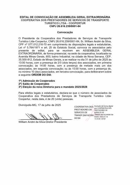 Imagem de um edital de convocação para uma assembleia geral extraordinária da Cooperativa dos Prestadores de Serviços de Transporte Turístico Ltda. O documento contém informações sobre a data, local e pautas da reunião.