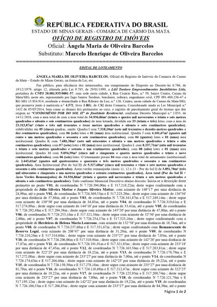 Documento oficial da República Federativa do Brasil, estado de Minas Gerais, contendo um edital de lotemanento assinado por Ângela Maria de Oliveira Barcelos e Marcelo Henrique de Oliveira Barcelos.