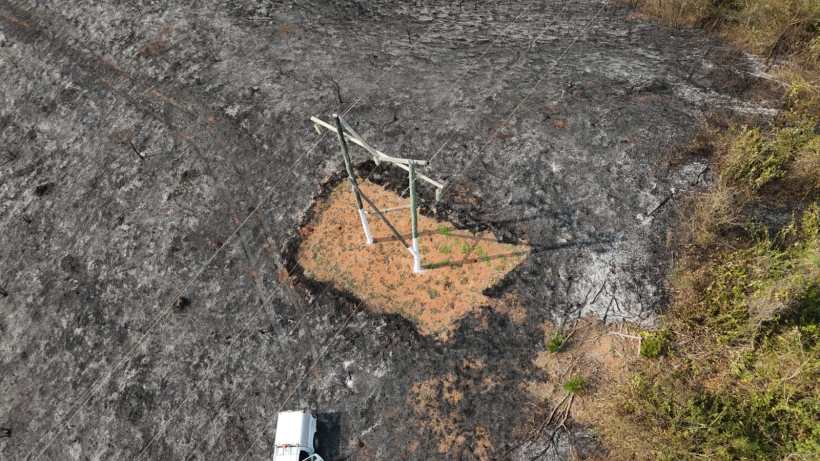 Vista aérea de um terreno queimado com uma torre de energia no centro, cercada por vegetação que se recupera. Um veículo está estacionado próximo.