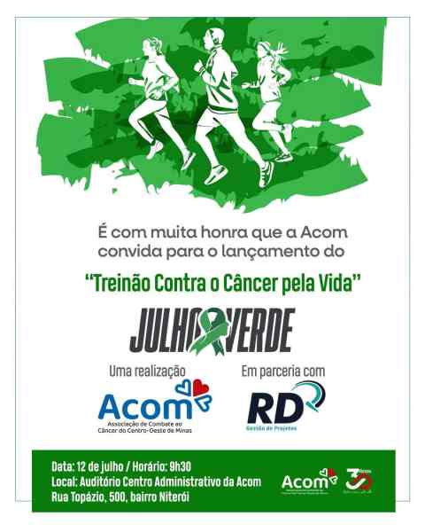 Imagem promocional do 'Treinão Contra o Câncer pela Vida' realizado pela Acom em parceria com a RD. Mostra três corredores em movimento sobre um fundo verde. Texto em destaque informa a data do evento: 12 de julho, às 9h30, no Auditório Centro Administrativo da Acom.