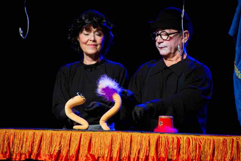 Dois manipuladores de bonecos apresentam um número cômico com fantoches em um palco de teatro, destacando a interação divertida entre eles e os bonecos.