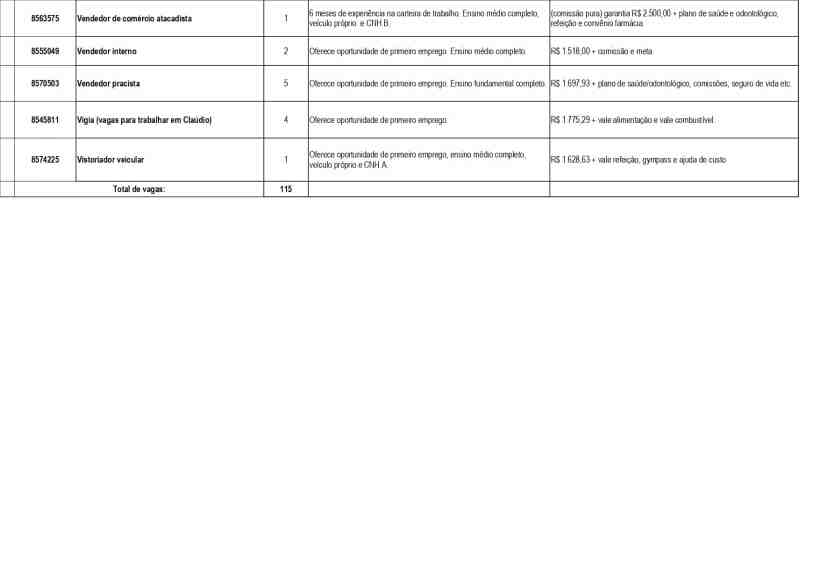 Tabela com oportunidades de emprego, listando funções, número de vagas e requisitos de experiência.