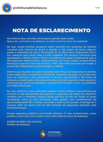 Nota de esclarecimento do prefeito de Itatiaiuçu, Romer Soares, abordando críticas feitas à Polícia Militar e reconhecendo a importância da fiscalização no trânsito.
