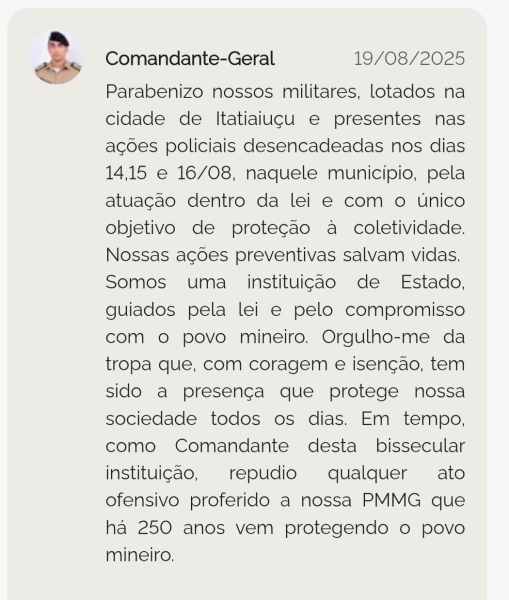 Texto de parabenização do Comandante-Geral à Polícia Militar de Itatiaiuçu, elogiando a atuação na proteção da coletividade e destacando a importância das ações preventivas.