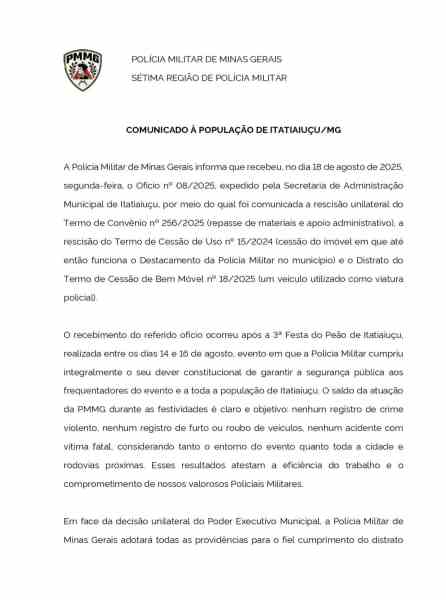 Documento da Polícia Militar de Minas Gerais informando a população de Itatiaiuçu sobre a rescisão de um convênio com a prefeitura.