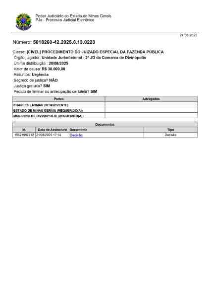 Documento judicial referente ao caso do paciente Charles Lasmar, mostrando detalhes do processo na Justiça de Minas Gerais, com informações sobre o pedido de cirurgia e a situação da saúde pública.