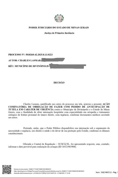 Documento judicial referente ao caso do paciente Charles Lasmar, incluindo informações sobre a solicitação de cirurgia e a decisão do juiz.