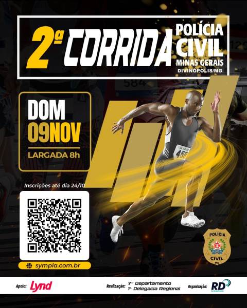 Cartaz promovendo a 2ª Corrida da Polícia Civil de Minas Gerais, destacando a data, horário de largada e informações para inscrição.