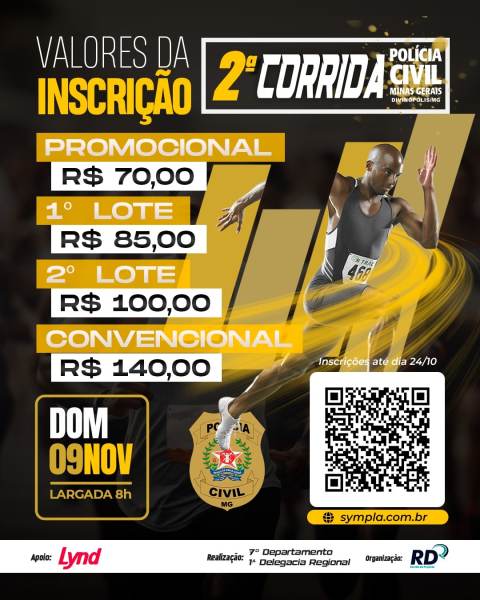 Imagem promocional da 2ª Corrida da Polícia Civil de Minas Gerais, destacando os valores de inscrição e data do evento.