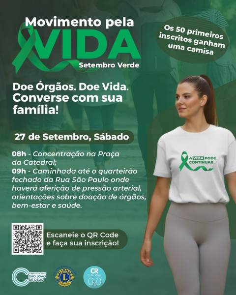 Cartaz do evento 'Movimento pela Vida – Setembro Verde', mostrando uma mulher em roupas esportivas e um convite à doação de órgãos. Inclui detalhes sobre a programação do evento, a data e as orientações sobre a saúde.