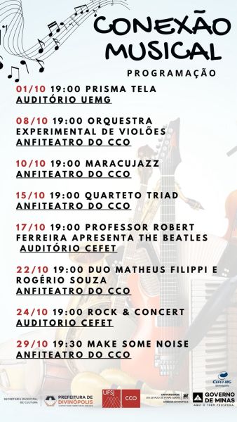 Programação do Conexão Musical, um evento de música universitária em Divinópolis, destacando apresentações semanais em Outubro de 2025 com detalhes sobre bandas e horários.