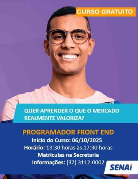 Imagem promocional do curso gratuito de Programador Front End do SENAI, apresentando um jovem sorridente e informações sobre a data de início, horário e detalhes da matrícula.