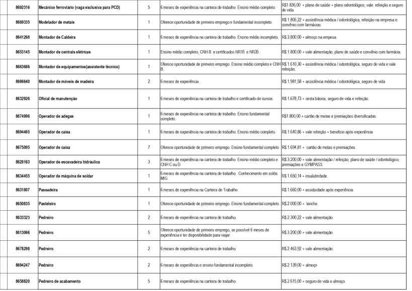 Tabela de vagas de emprego disponíveis com detalhes como cargo, nível de escolaridade, experiência requerida e benefícios oferecidos.