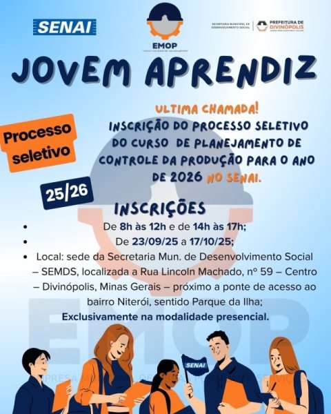 Cartaz informativo sobre o programa Jovem Aprendiz, destacando detalhes do processo seletivo para o curso de Planejamento e Controle da Produção, incluindo datas de inscrições, local e horário.