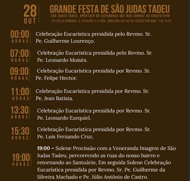 Cartaz da Grande Festa de São Judas Tadeu, com programação de celebrações e procissão no dia 28 de outubro.