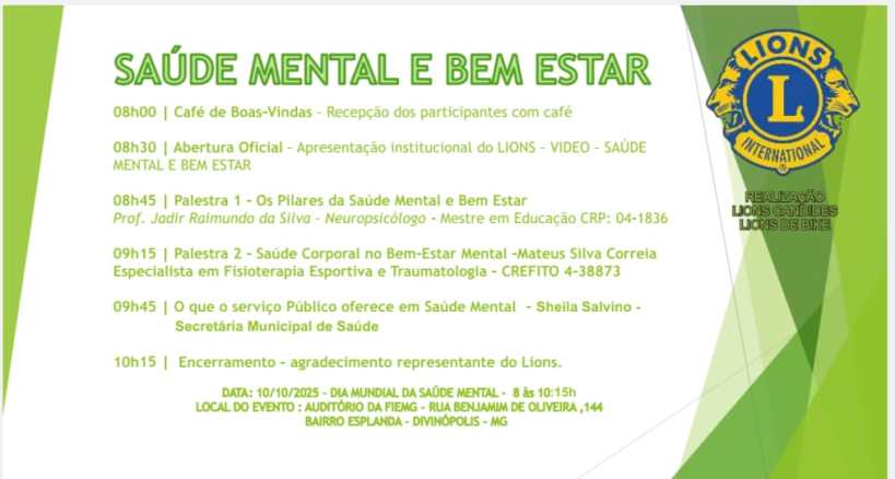 Banner do Workshop Saúde Mental & Bem-Estar, com programação e horários do evento, incluindo palestras sobre saúde mental e autocuidado, promovido pelos clubes Lions e parceiros.