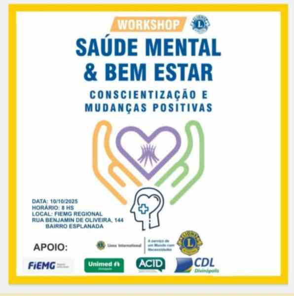 Cartaz do Workshop Saúde Mental & Bem Estar, destacando a data, horário e local do evento, com ilustrações de mãos e um coração, promovendo a conscientização sobre saúde mental.