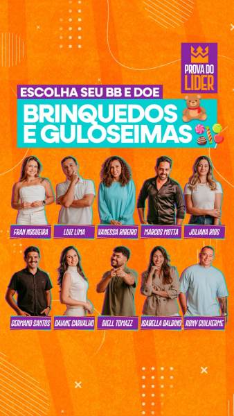 Imagem promocional do projeto "Big Brother do Bem", apresentando participantes em um fundo vibrante, com texto destacando a arrecadação de brinquedos e guloseimas.