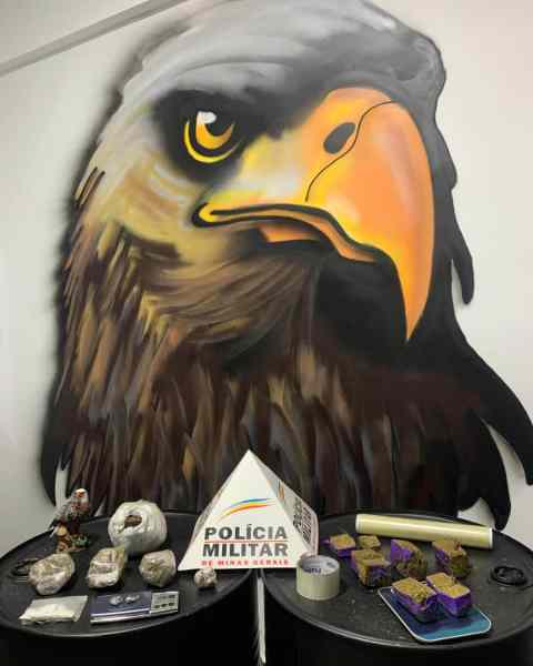 Mesa com entorpecentes apreendidos, incluindo tabletes de substância semelhante à maconha e cocaína, com um mural em forma de ave ao fundo.