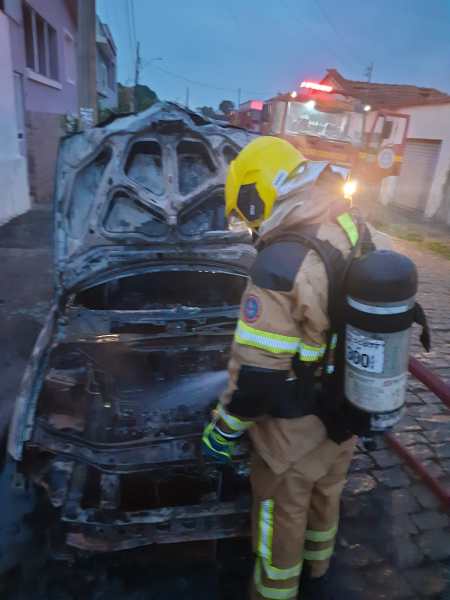 Bombeiro apagando as chamas de um carro queimado, com parte da estrutura exposta, em uma rua residencial.