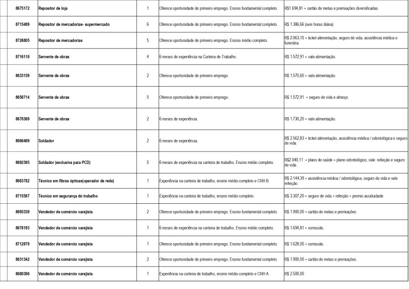 Tabela com lista de vagas disponíveis de emprego para diversas áreas e níveis de escolaridade, incluindo informações sobre experiência, salário e requisitos.