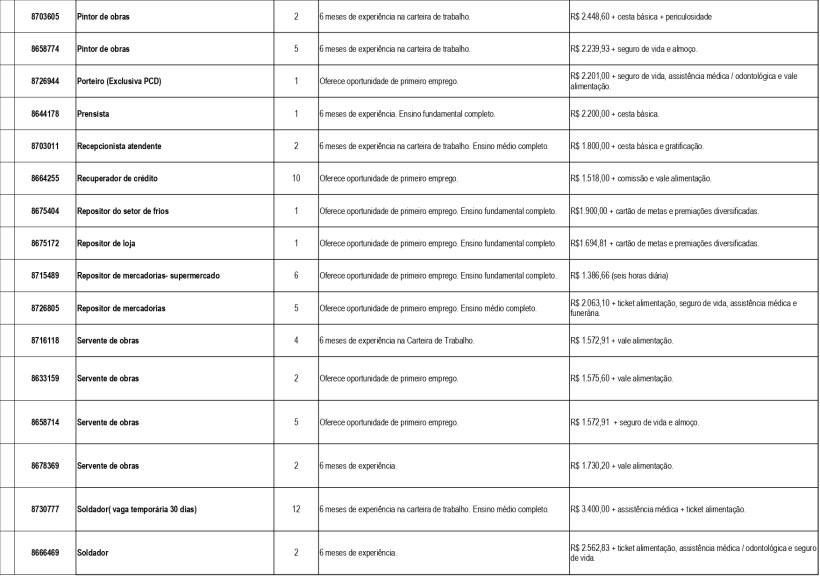Lista de oportunidades de emprego disponíveis, com detalhes sobre cargos, experiência e salários.