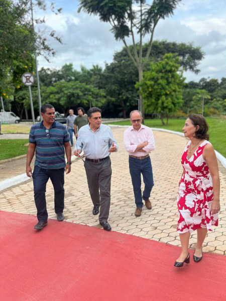 Quatro pessoas caminham por um caminho de pedra em um parque, rodeadas de árvores e vegetação. Três homens e uma mulher conversam enquanto caminham.
