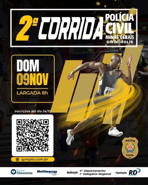 Pôster anunciando a 2ª Corrida da Polícia Civil em Divinópolis, com data, horário de largada e um atleta correndo em destaque.