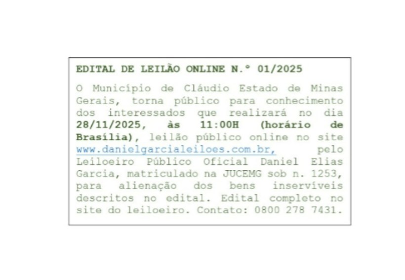 Edital de leilão online no município de Cláudio, Minas Gerais, informando sobre o evento programado para 28/11/2025, às 11:00H, e informações de contato.