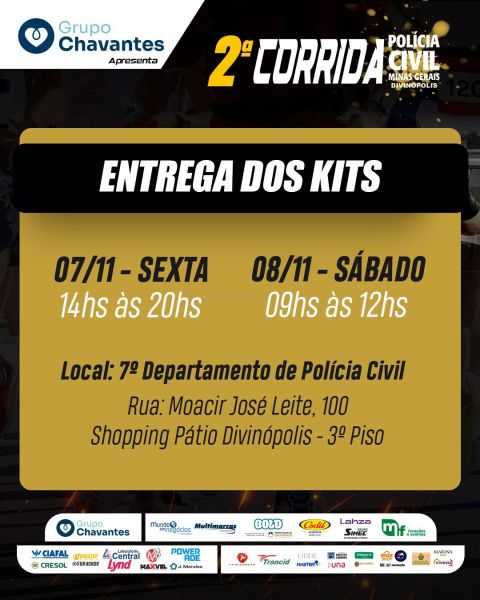 Banner informativo sobre a entrega dos kits para a 2ª Corrida da Polícia Civil, destacando datas, horários e local da entrega em Divinópolis.