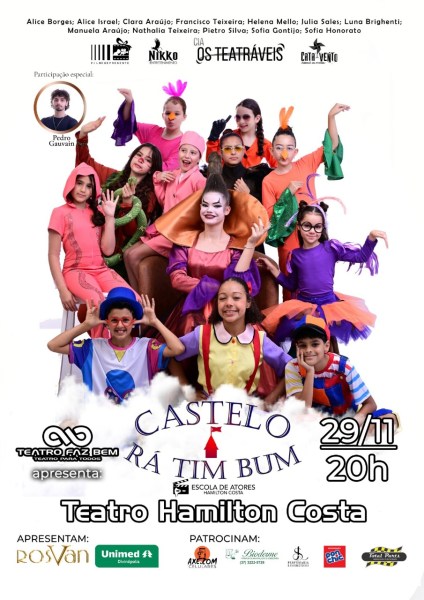 Cartaz do espetáculo 'Castelo Rá-Tim-Bum', apresentado no Teatro Hamilton Costa, com elenco infantil colorido e variados personagens em um fundo festivo.