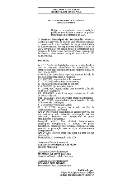 Documento oficial da Prefeitura Municipal de Divinópolis que detalha o calendário de pontos facultativos para repartições públicas em 2026.