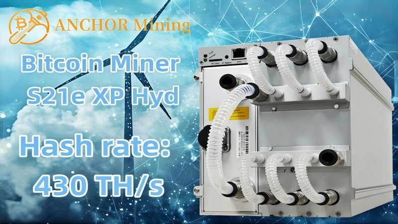 Image of an Anchor Mining Bitcoin Miner S21e XP Hyd, showcasing its hash rate of 430 TH/s against a backdrop of a blue and connected network design.