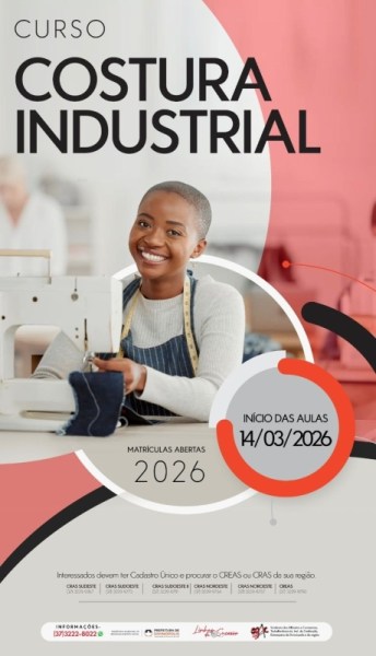Imagem promocional de um curso de Costura Industrial com uma mulher sorridente em frente a uma máquina de costura. Informações sobre matrículas abertas para 2026 e início das aulas em 14/03/2026 estão destacadas.