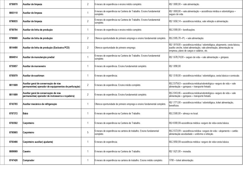Tabela de vagas de emprego com detalhes sobre cargos, experiências requeridas e benefícios oferecidos.