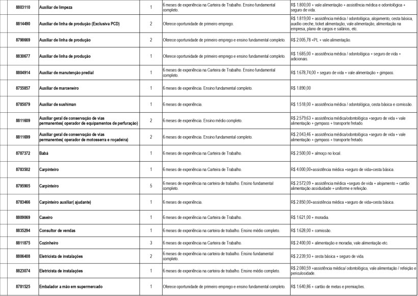 Tabela de oportunidades de emprego com cargos, requisitos e informações sobre benefícios.