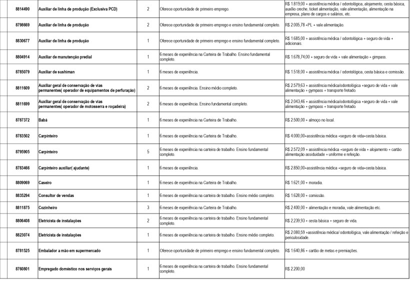 Tabela com listagem de oportunidades de emprego, incluindo cargos, requisitos, e benefícios oferecidos.
