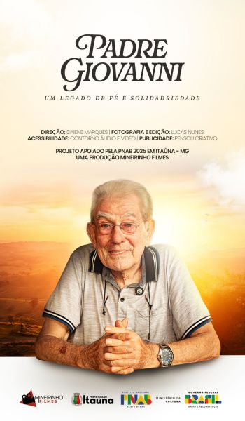 Cartaz do documentário 'Padre Giovanni: um legado de fé e solidariedade', com o Padre Giovanni sorrindo, vestindo uma camisa clara e óculos, posando em um fundo de paisagem ao entardecer.