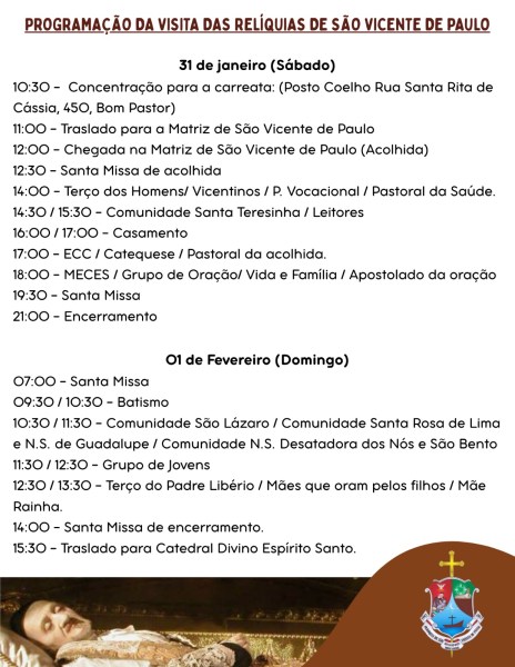 Programação da visita das relíquias de São Vicente de Paulo, incluindo horários de missas, batismos e eventos especiais nos dias 31 de janeiro e 1 de fevereiro.