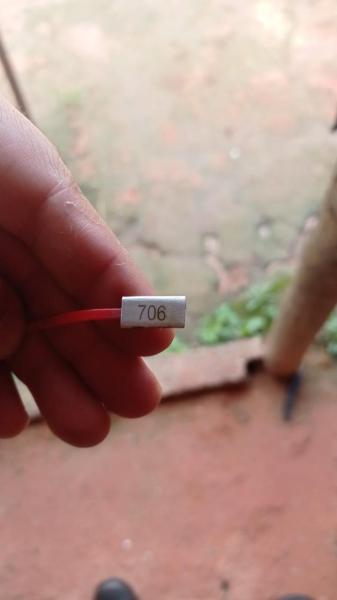 Uma mão segurando um pequeno componente eletrônico com o número 706 e um fio vermelho.