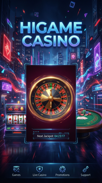 Imagem promocional do Higame Casino, mostrando uma roleta, máquinas caça-níqueis e uma mesa de poker em um ambiente urbano iluminado.