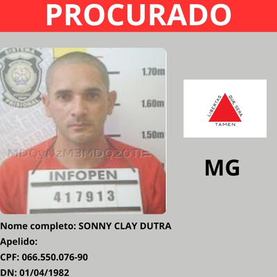 Foto de um documento de identificação de um homem procurado pela Justiça, mostrando seu nome completo, apelido, CPF, data de nascimento e uma referência a Minas Gerais.