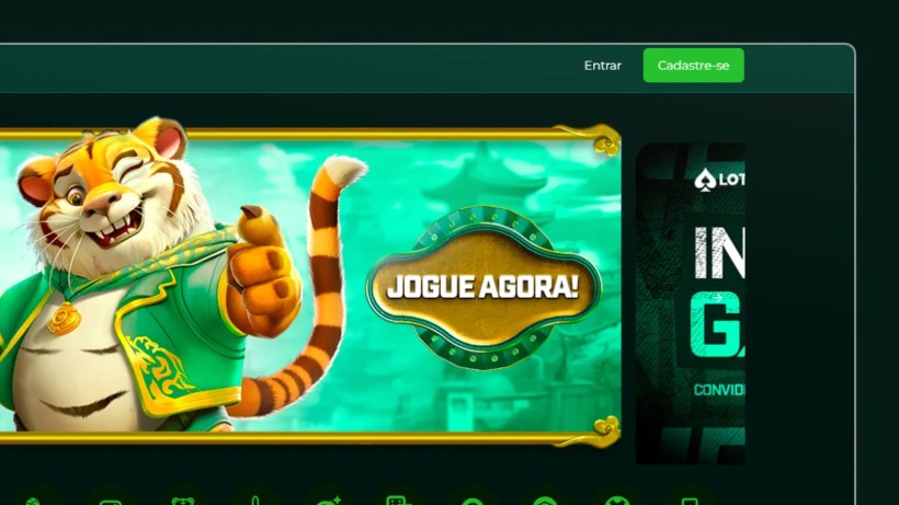 Imagem de um tigre sorridente vestindo um traje verde, com um fundo em tons de verde e azul. O tigre faz um gesto de positivo e há um botão destacado com a frase 'JOGUE AGORA!' ao centro.