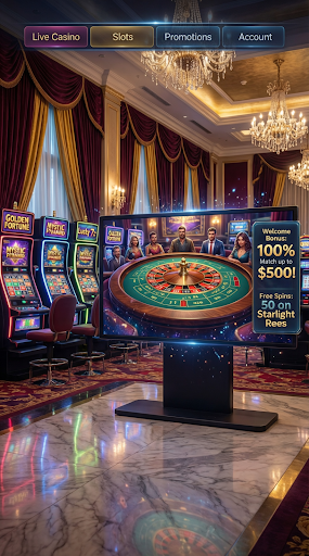 Ambiente de cassino com mesas de jogo, máquinas caça-níqueis e uma tela promocional exibindo bônus e ofertas de roleta.