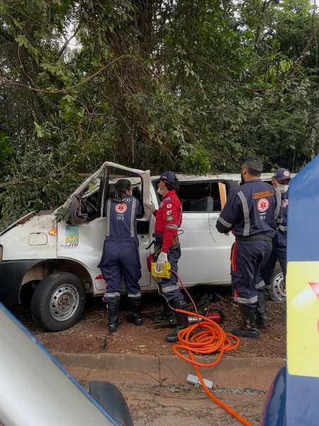 Equipe de resgate atendendo um acidente de carro com van branca ao lado de uma árvore.