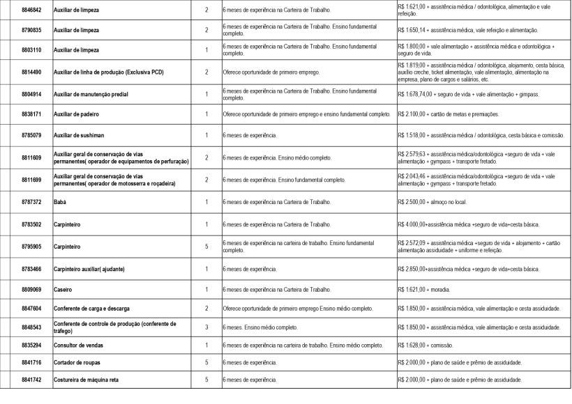 Tabela com lista de empregos, experiências, salários e benefícios relacionados a diversas funções, como auxiliar de limpeza, auxiliar de produção, carpinteiro e outros.