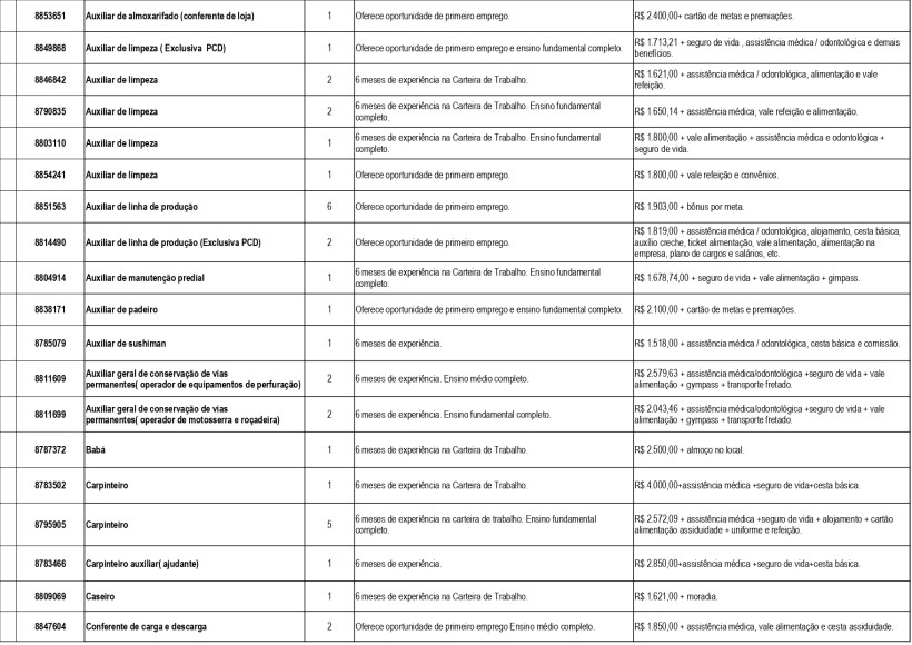 Tabela de oportunidades de emprego com cargos, requisitos e salários.