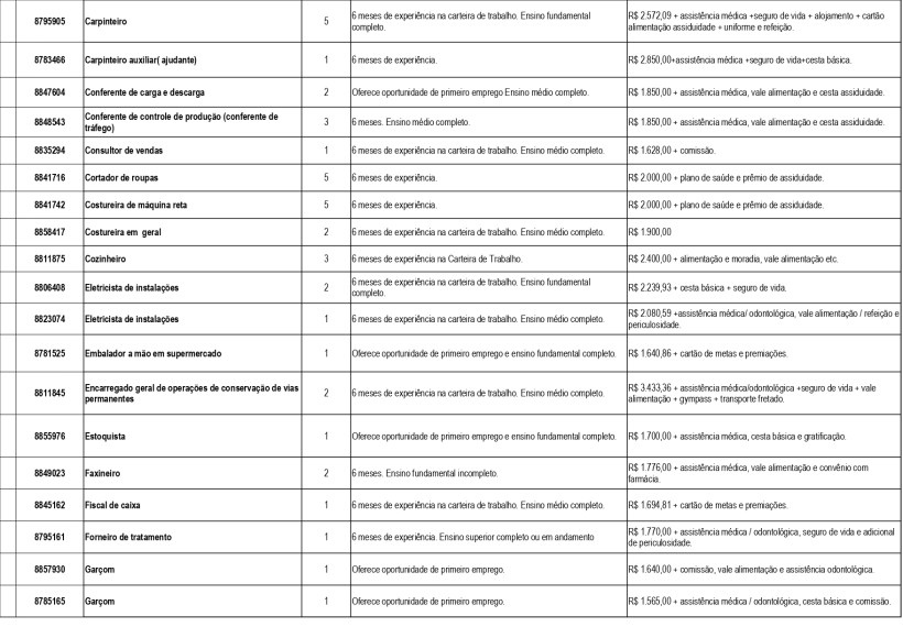 Tabela com dados de profissionais e experiências de trabalho, incluindo profissões, duração de experiência e informações sobre assistência médica.