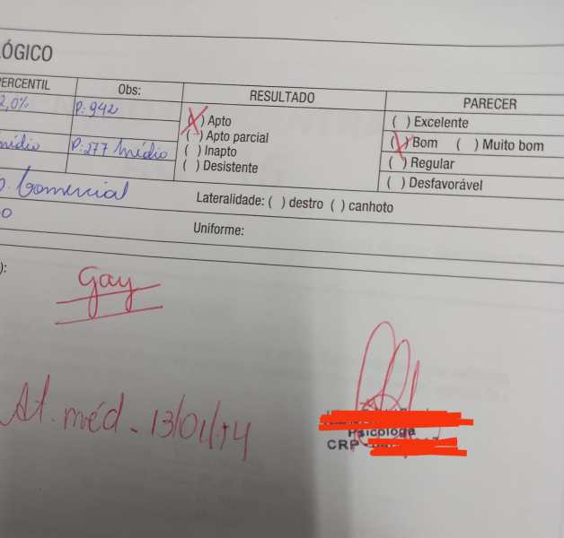Formulário médico com resultados variados, incluindo 'Apto parcial' e 'Bom', com anotações manuscritas.