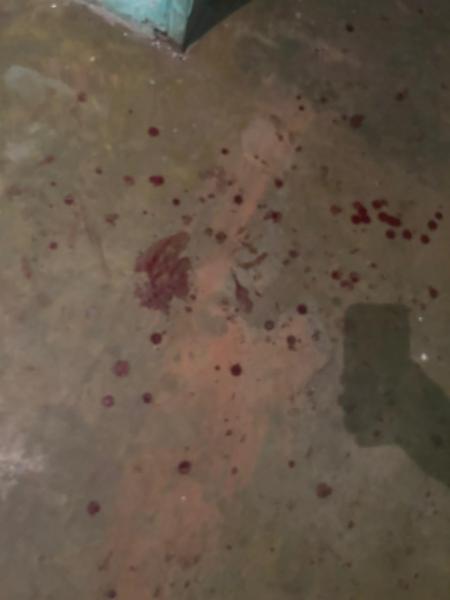 Manchas de sangue no chão de uma superfície de concreto.